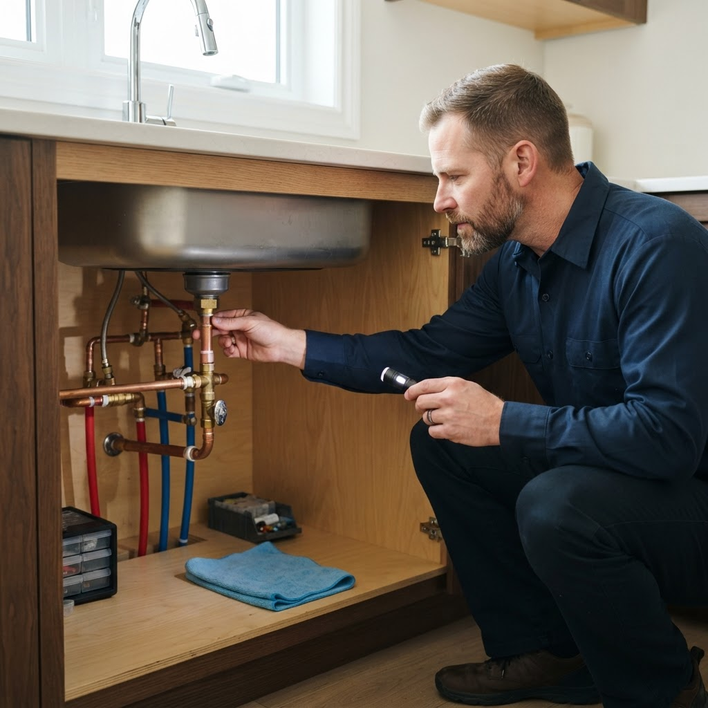 Professional plumber inspecting residential plumbing